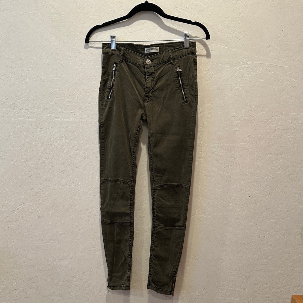Zara Olive Green Skinny Pants with Zipper Details